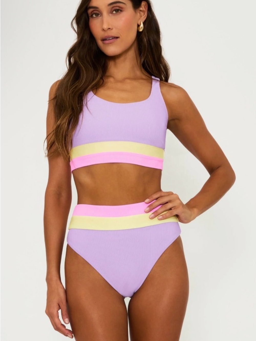 Beach Riot Lavender Colorblock High-Waist Bikini with Pastel Yellow & Pink Bands